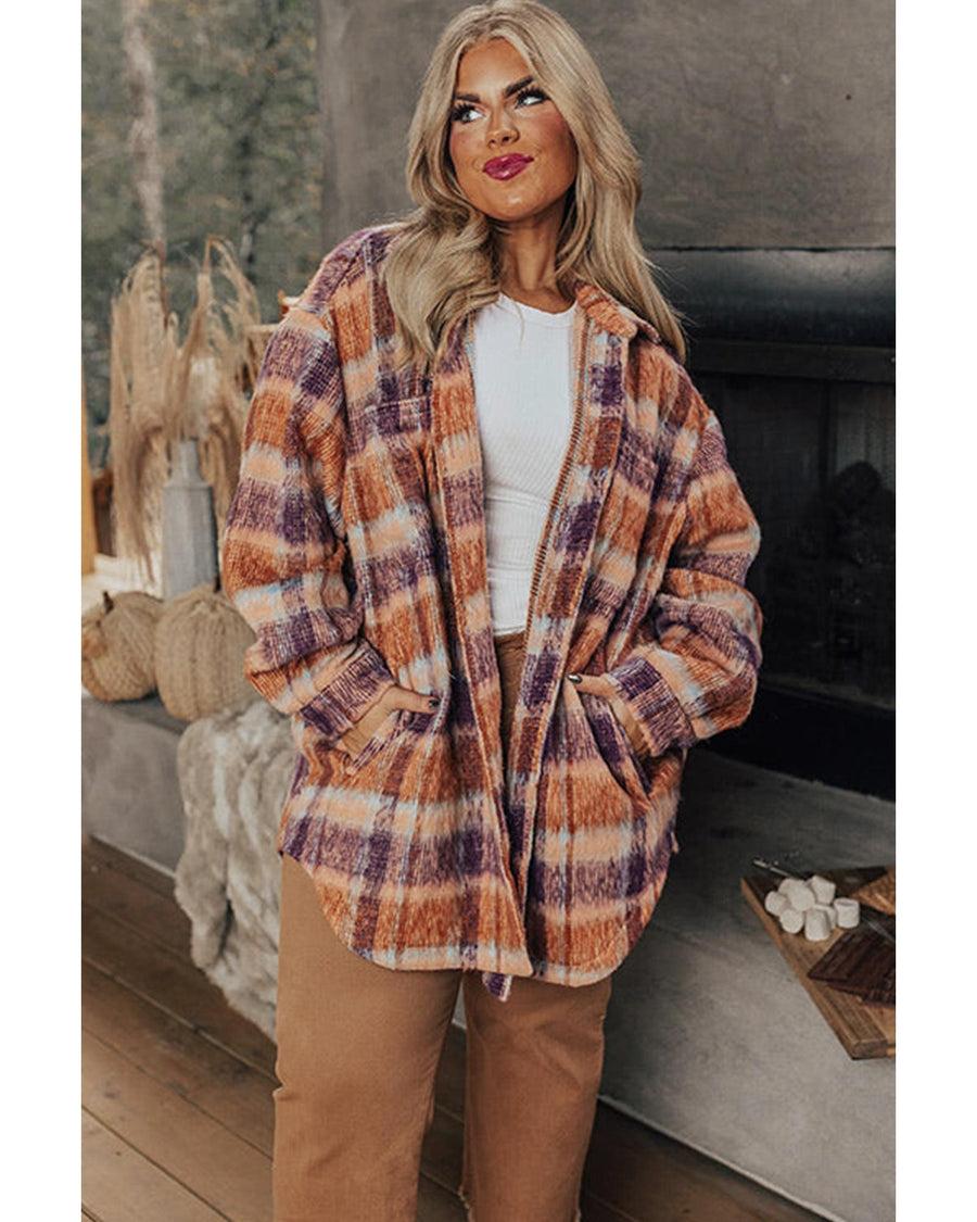 Multicolour Plus Size Plaid Print Collared Button up Jacket - 1X