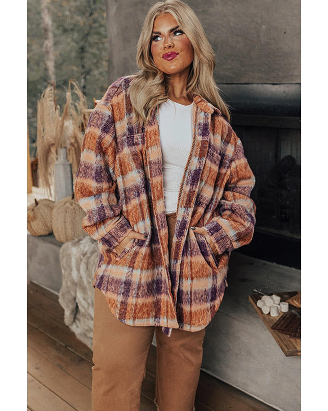 Multicolour Plus Size Plaid Print Collared Button up Jacket - 3X