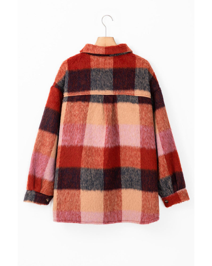 Orange Plaid Print Flap Pockets Buttoned Casual Plus Size Jacket - 2X