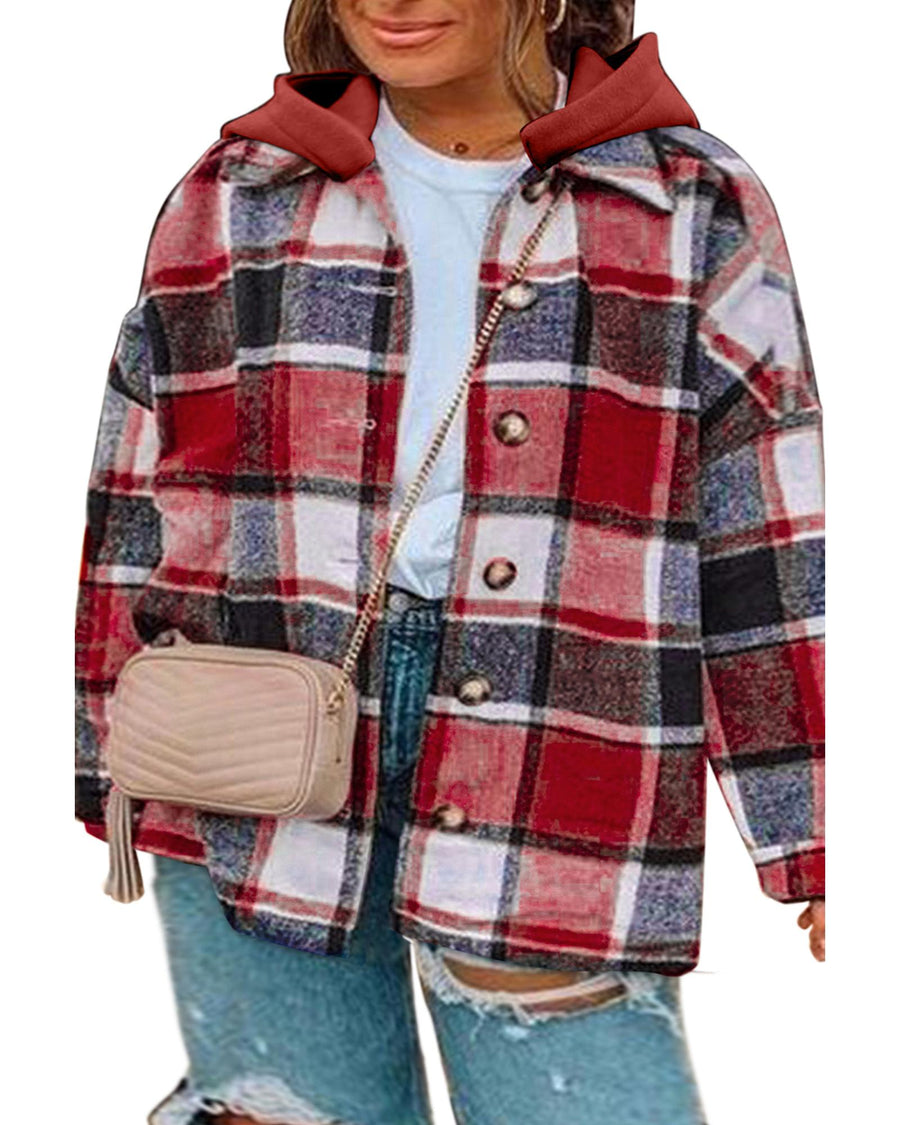 Red Printed Plus Size Plaid Button up Hooded Jacket - 1X