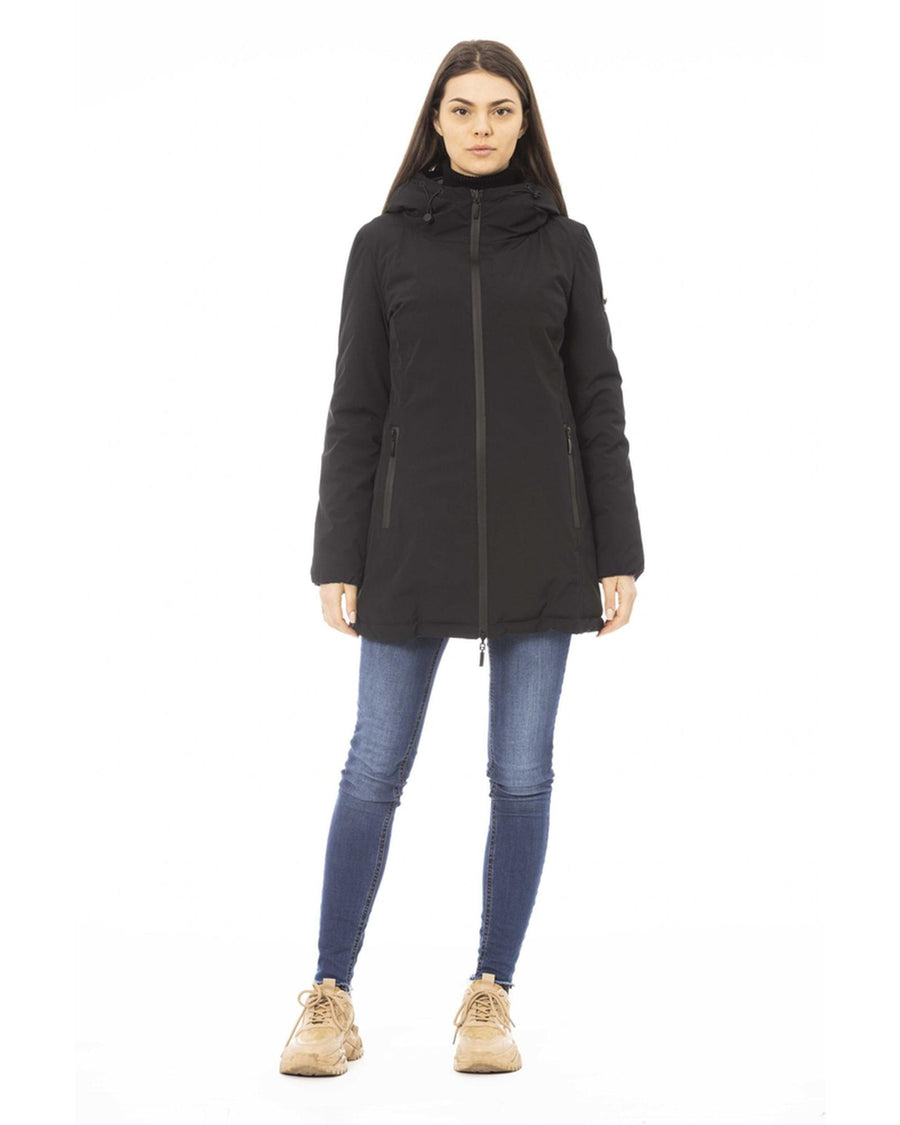 Black Down Jacket with Adjustable Hood and Baldinini Monograms XL Women