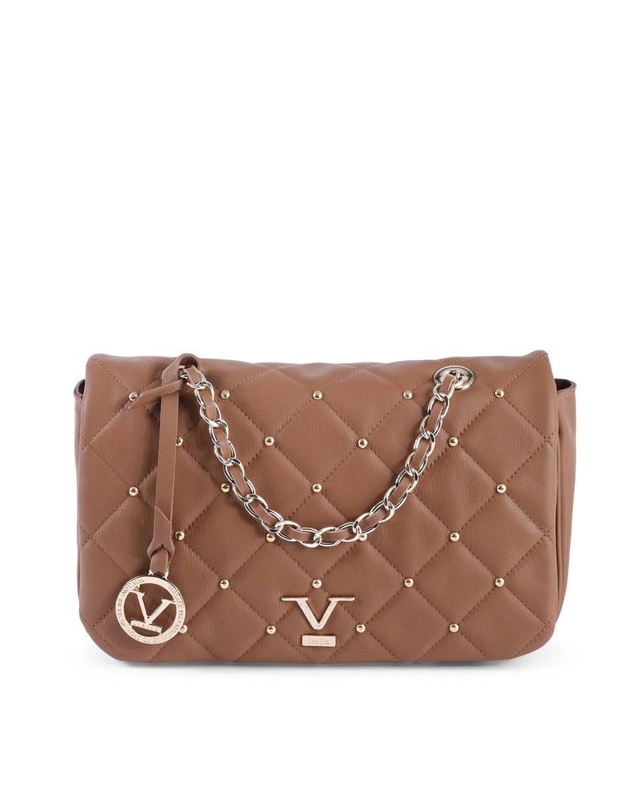 V Italia Brown Quilted Leather Shoulder Bag with Chain Strap - One Size