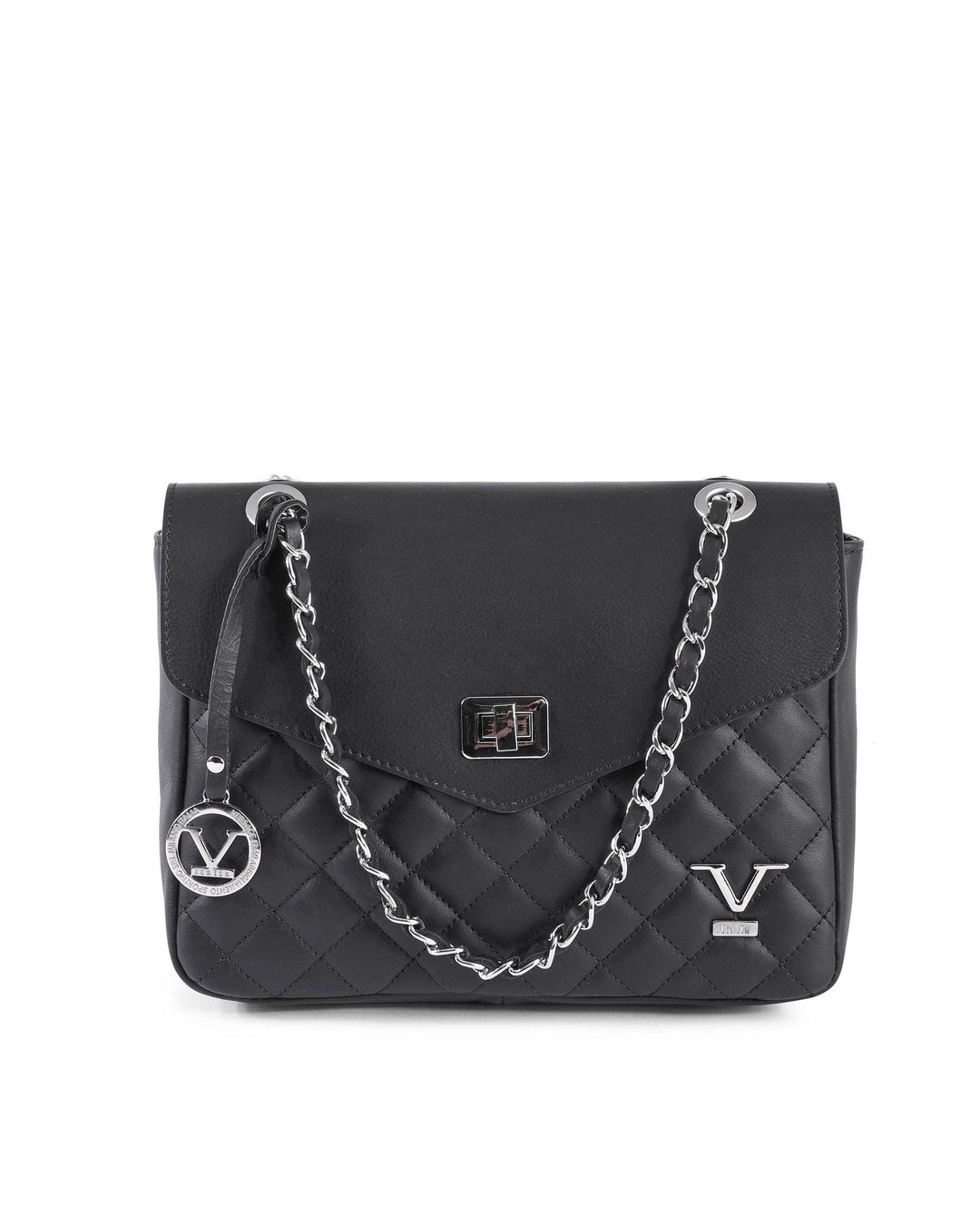V Italia Womens Quilted Leather Crossbody Shoulder Bag with Chain Strap  Black - One Size