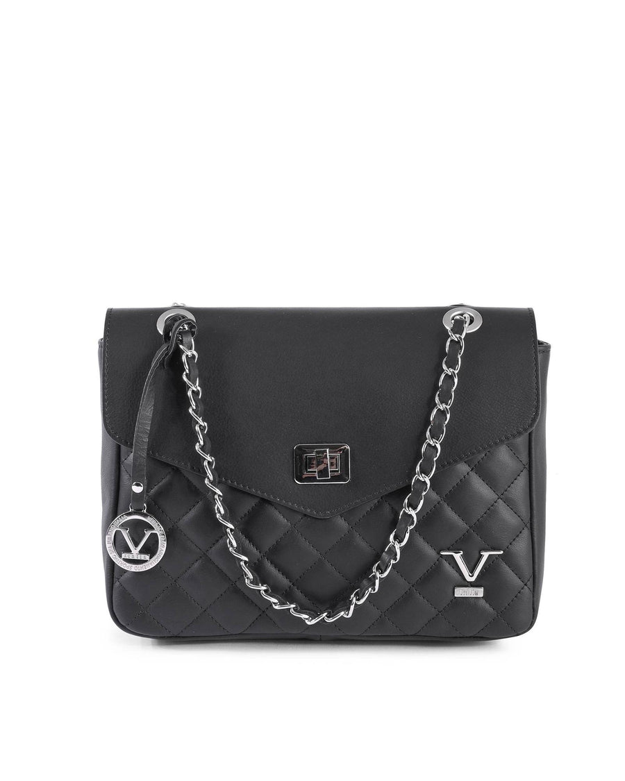 V Italia Womens Quilted Leather Crossbody Shoulder Bag with Chain Strap  Black - One Size