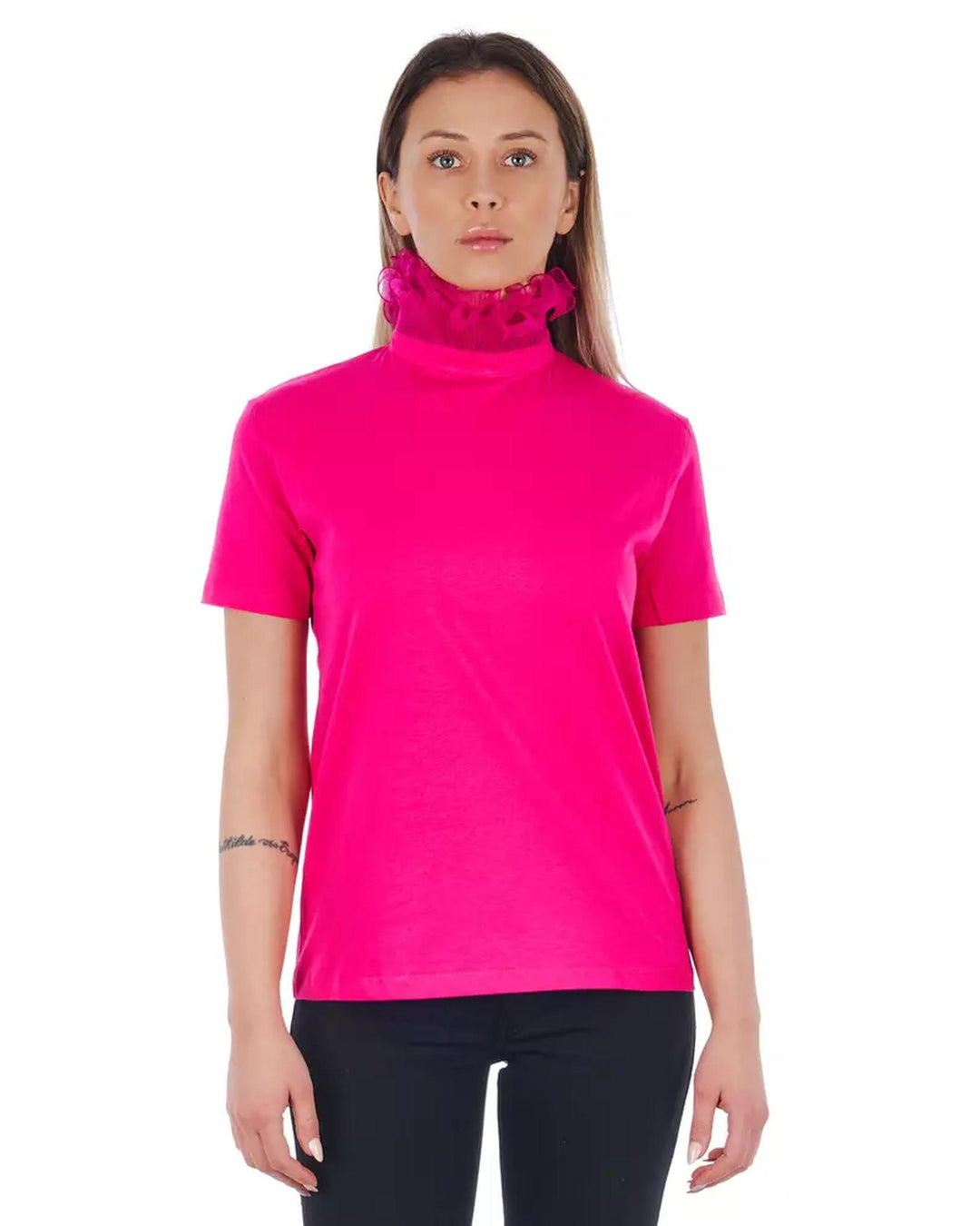 High Neck Short Sleeve T-shirt with Lace and Print XS Women