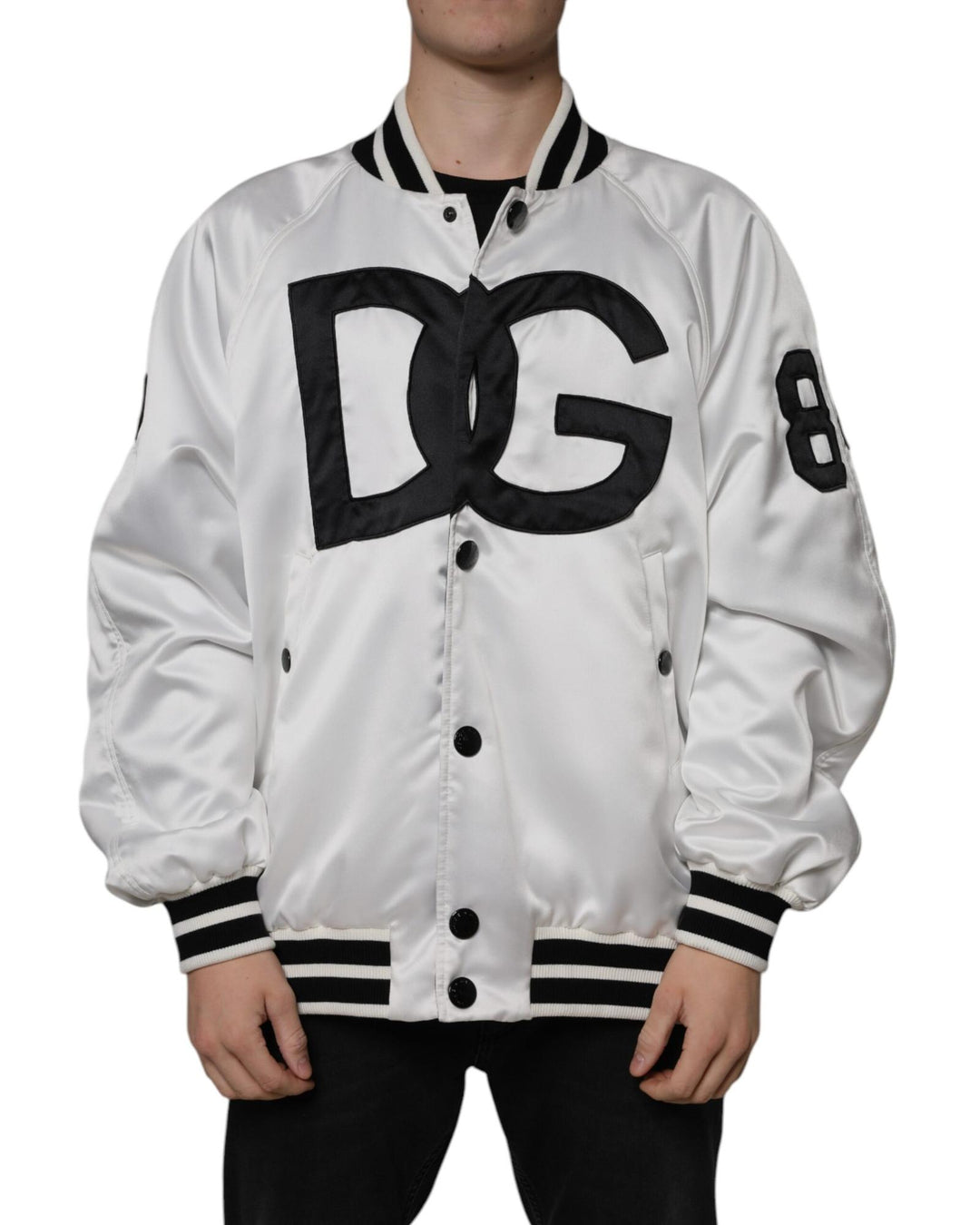 Dolce & Gabbana Men's White Polyester Logo Full Zip Bomber Jacket - 50 IT