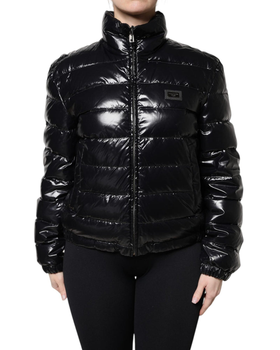 Dolce & Gabbana Women's Black Logo Plaque Full Zip Puffer Jacket - 42 IT