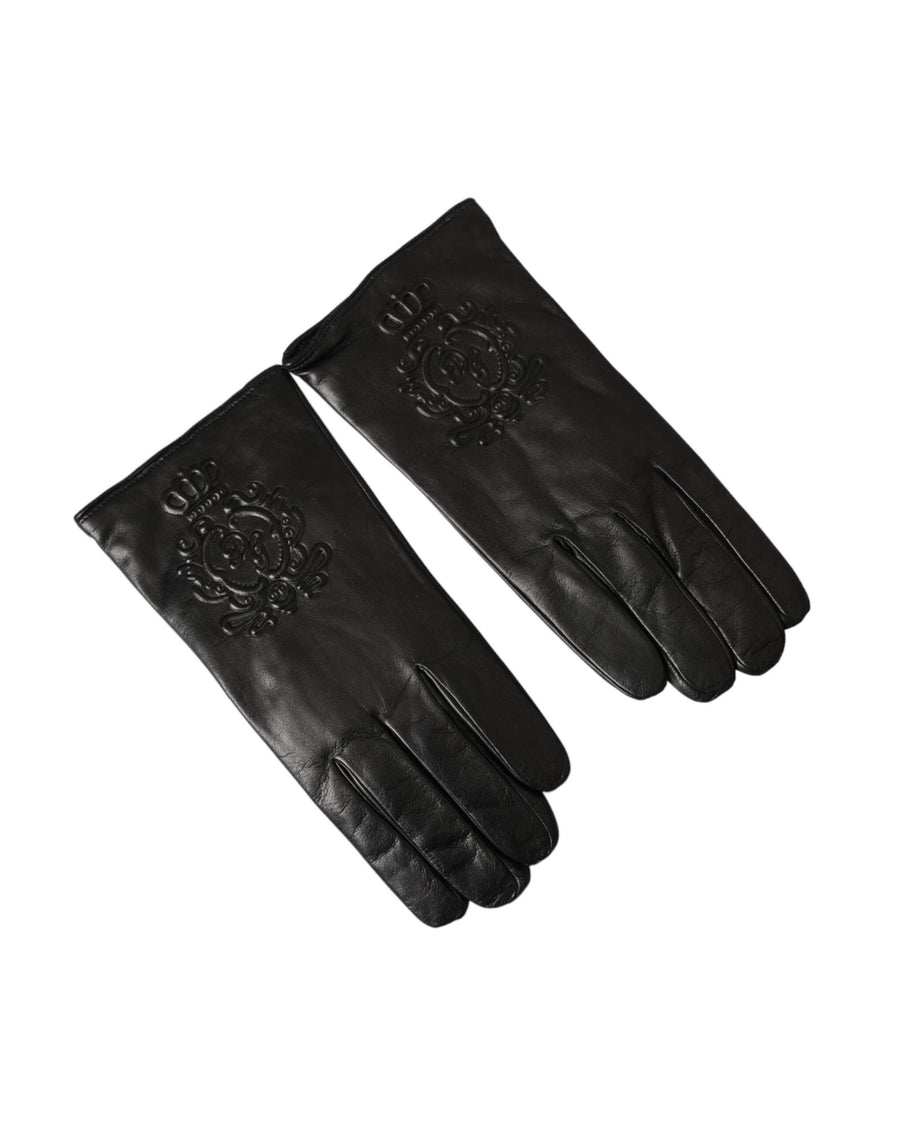 Dolce & Gabbana Men's Black Leather Embossed Logo Short Hands Gloves - 10