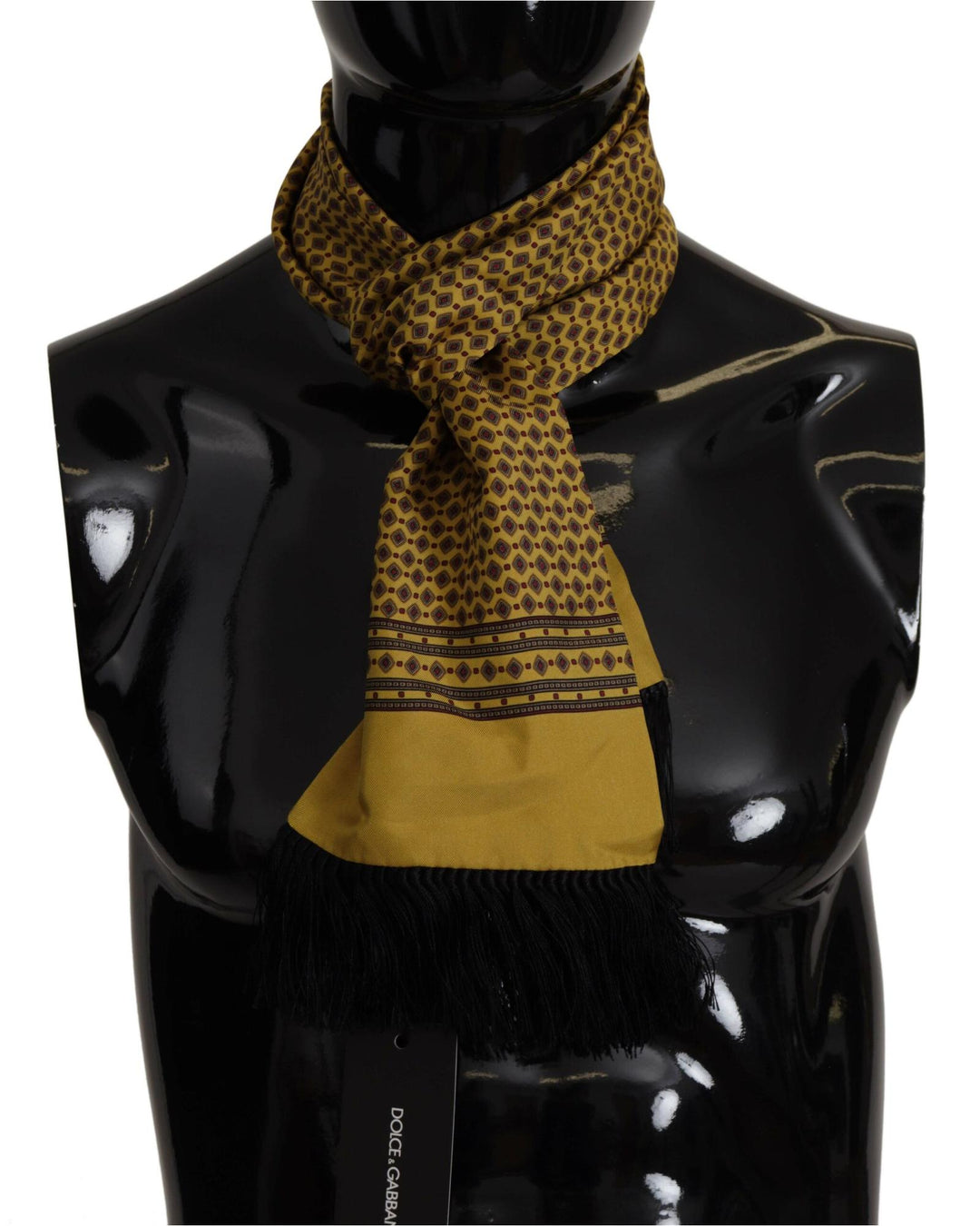 Dolce & Gabbana Men's Yellow Patterned Silk Neck Wrap Fringe Scarf - One Size