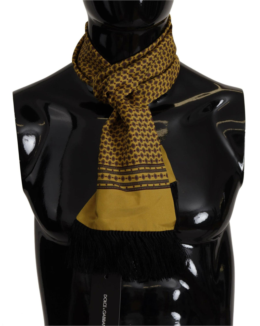 Dolce & Gabbana Men's Yellow Patterned Silk Neck Wrap Fringe Scarf - One Size