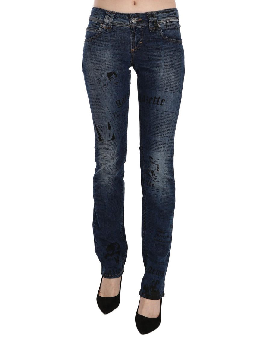 Blue Gazette Newspaper Print Low Waist Skinny Denim Jeans W24 US Women