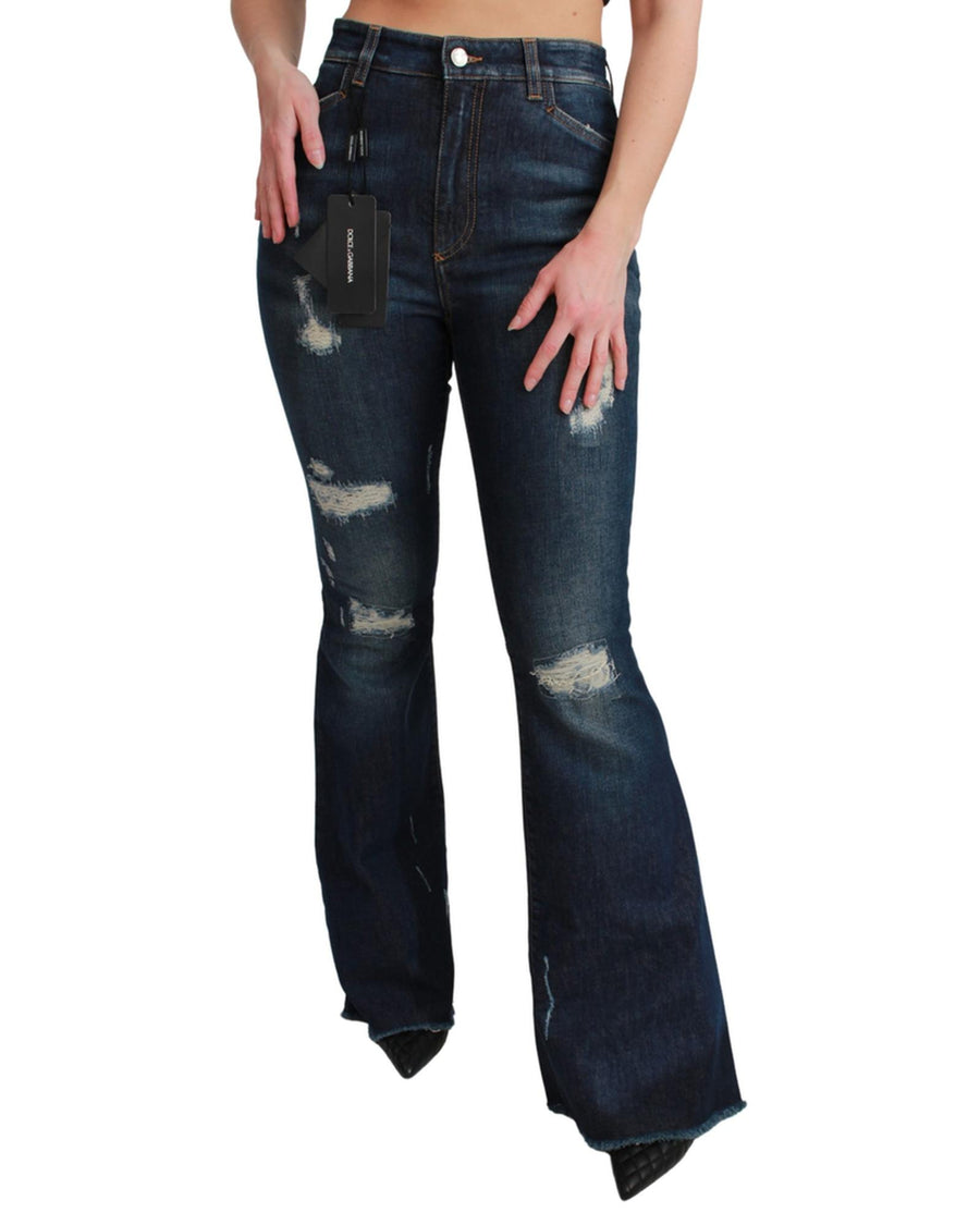 High Waist Flare Denim Jeans with Queen Patch Embroidery 40 IT Women