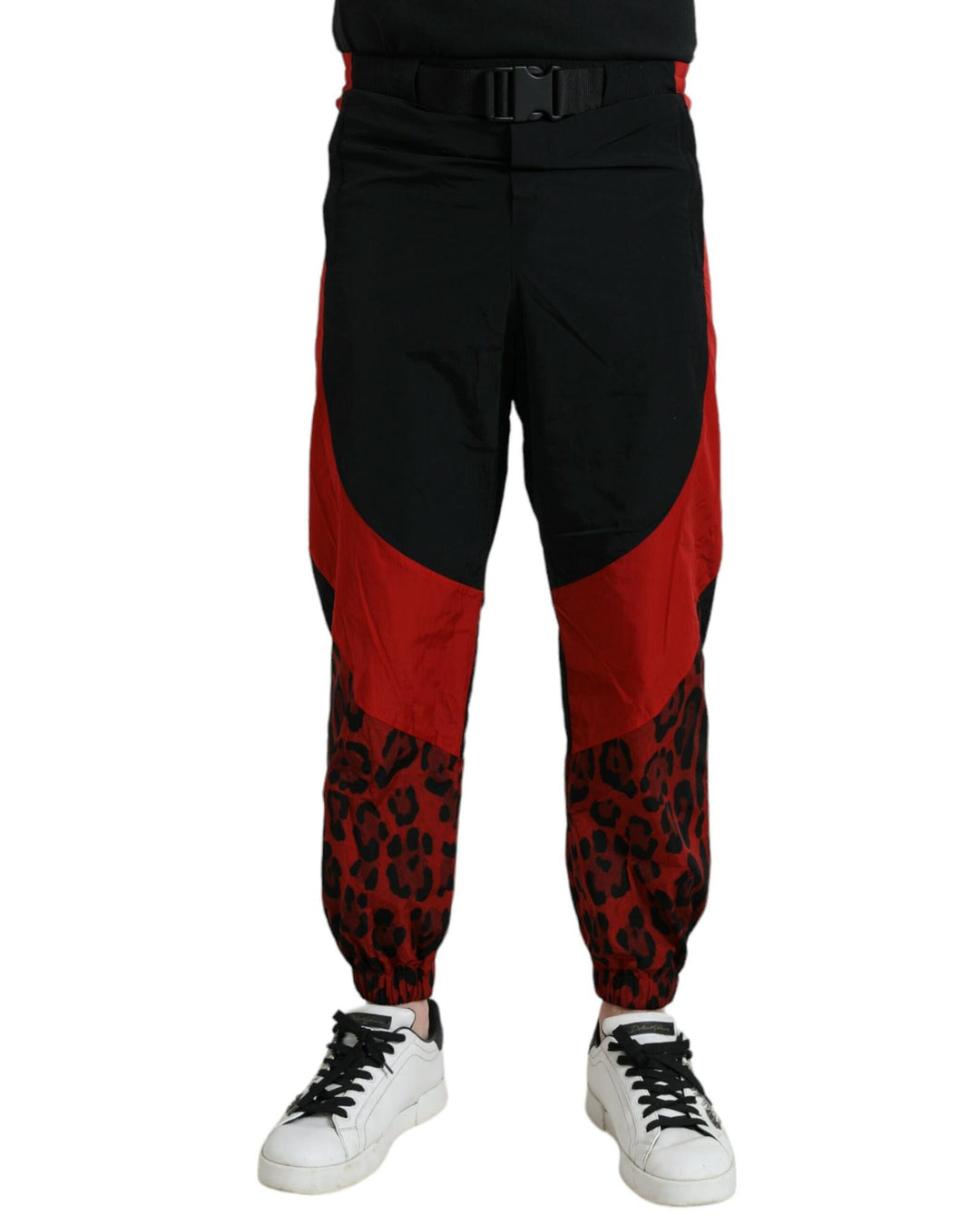 Dolce & Gabbana Men's Black Red Leopard Print Nylon Jogger Pants - 50 IT