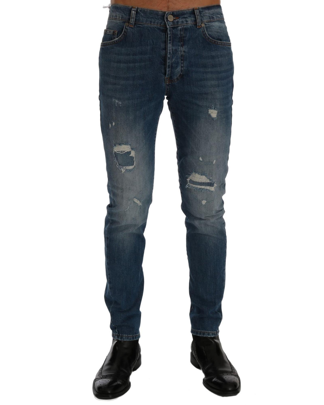 Frankie Morello Men's Blue Wash Torn Dunfermile Slim Fit Jeans - W36 US