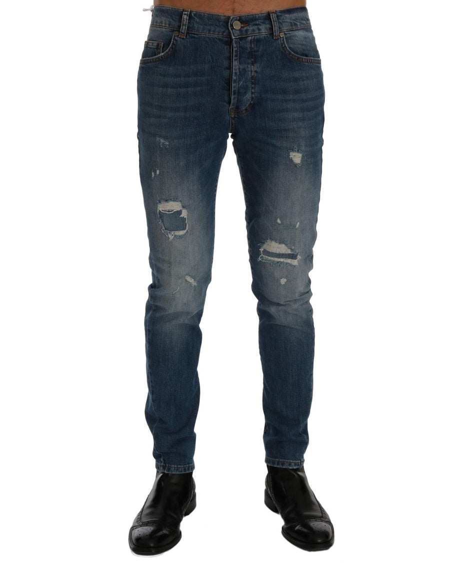Frankie Morello Men's Blue Wash Torn Dunfermile Slim Fit Jeans - W36 US