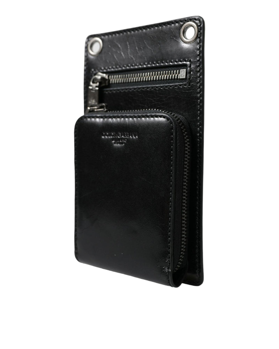 Dolce & Gabbana Men's Black Calf Leather Zip Logo Shoulder Neck Strap Wallet - One Size