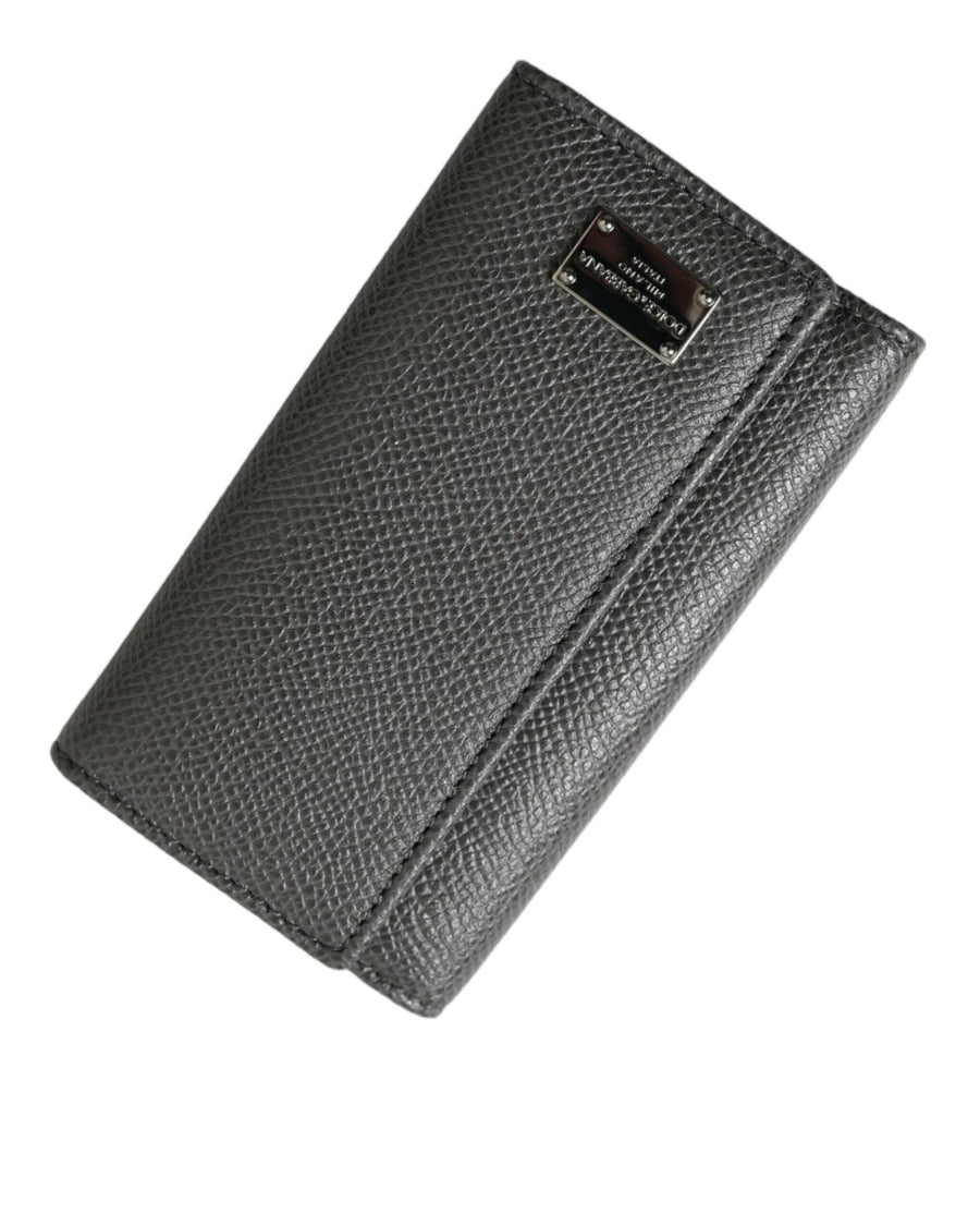 Dolce & Gabbana Men's Black Leather Silver Metal Logo Plaque Trifold Keyring - One Size