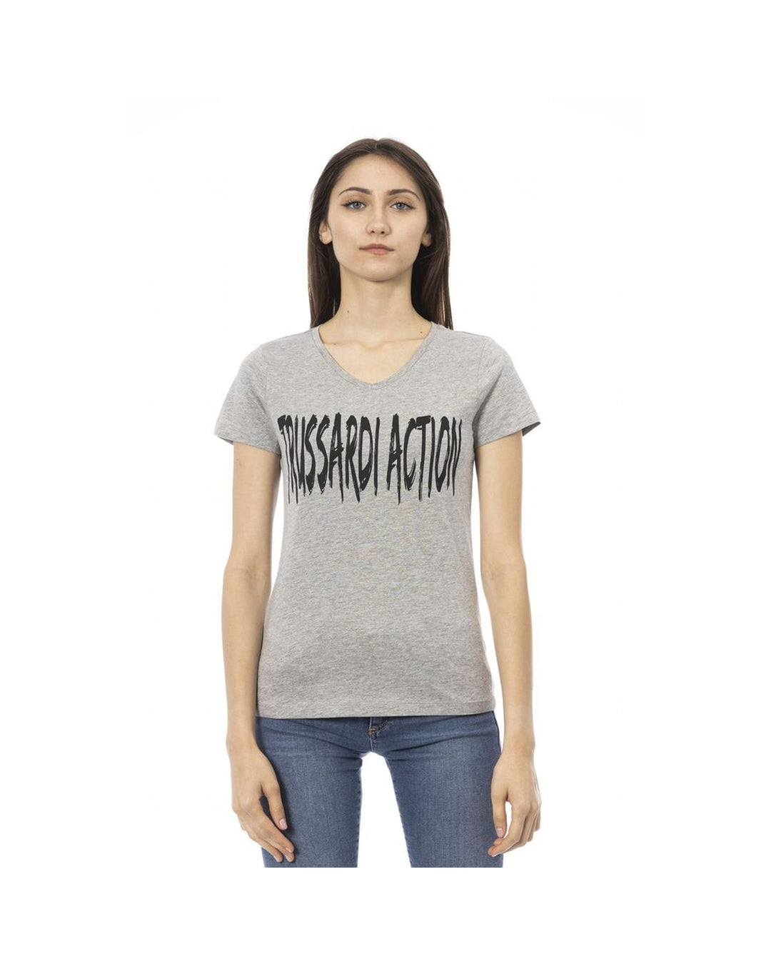 Trussardi Action Women's Elegant Gray V-Neck Tee with Chic Print - S