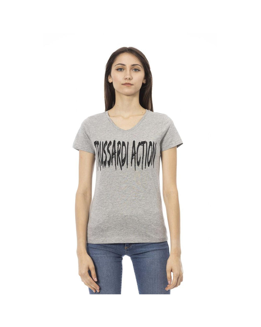 Trussardi Action Women's Elegant Gray V-Neck Tee with Chic Print - S