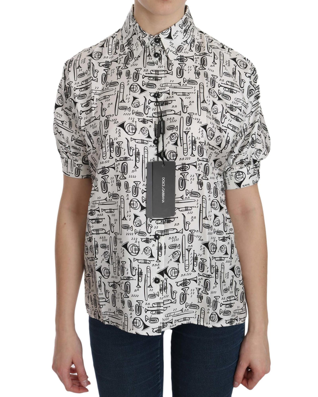 Musical Instrument Print Silk Collared Top 38 IT Women