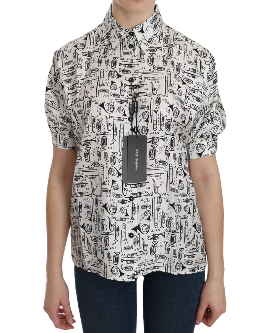 Musical Instrument Print Silk Collared Top 38 IT Women