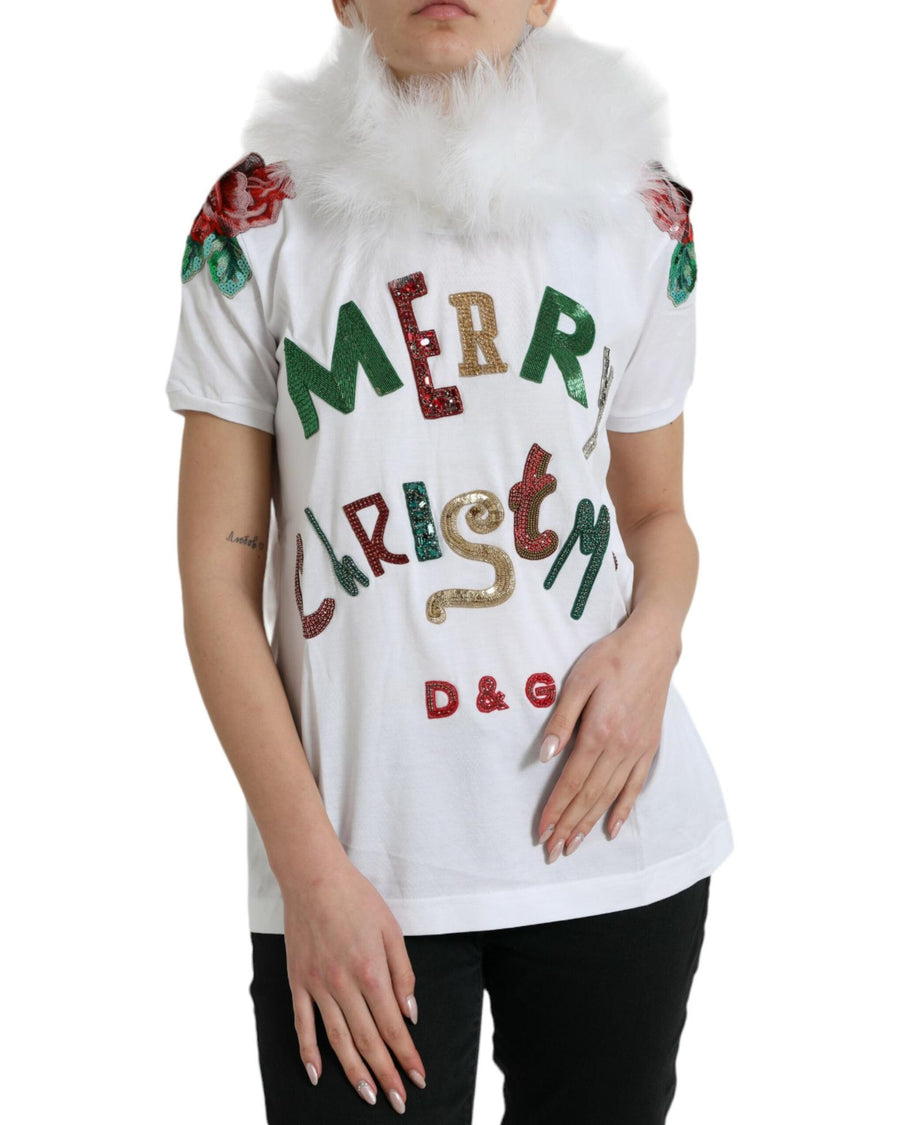 Dolce & Gabbana Women's White Cotton Christmas Sequin Fur T-shirt - 36 IT