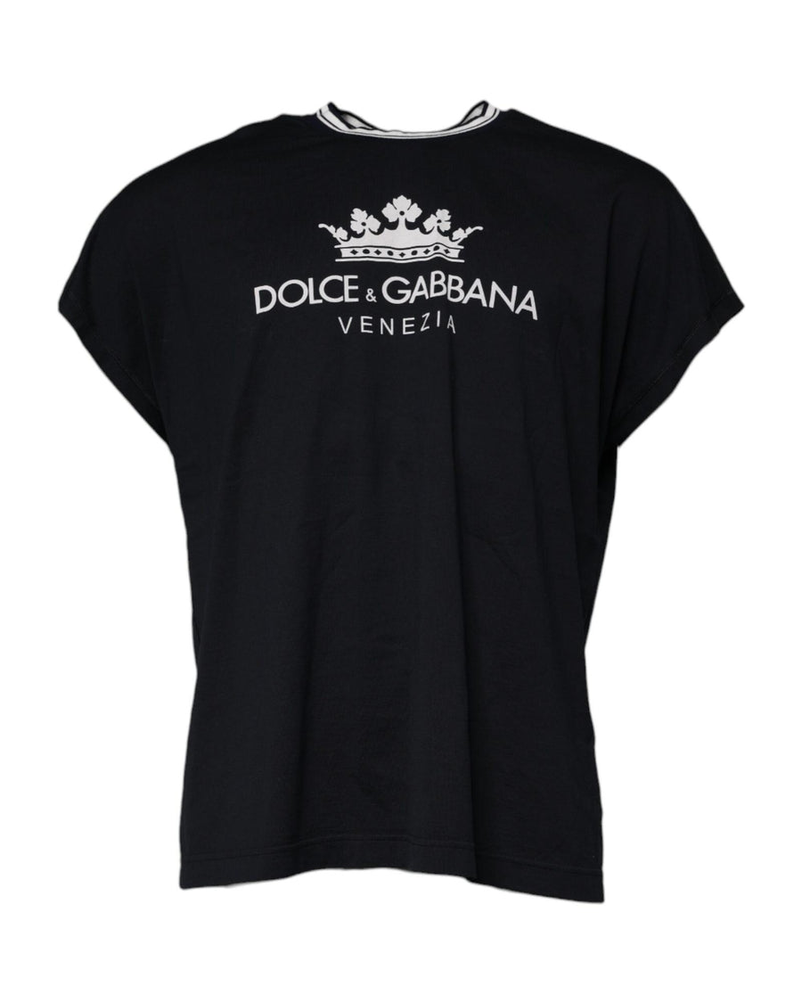 Dolce & Gabbana Men's Dark Blue Logo Crown Cotton Crew Neck T-shirt - 50 IT