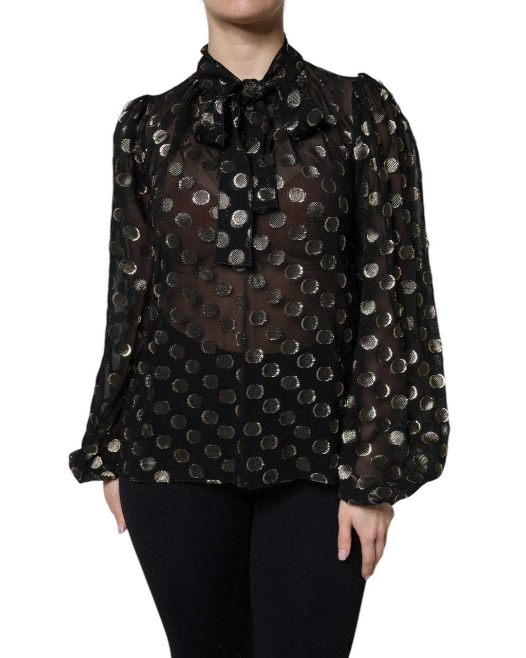 Dolce & Gabbana Women's Black Sheer Tied Neck Polka Dots Blouse Top - 38 IT