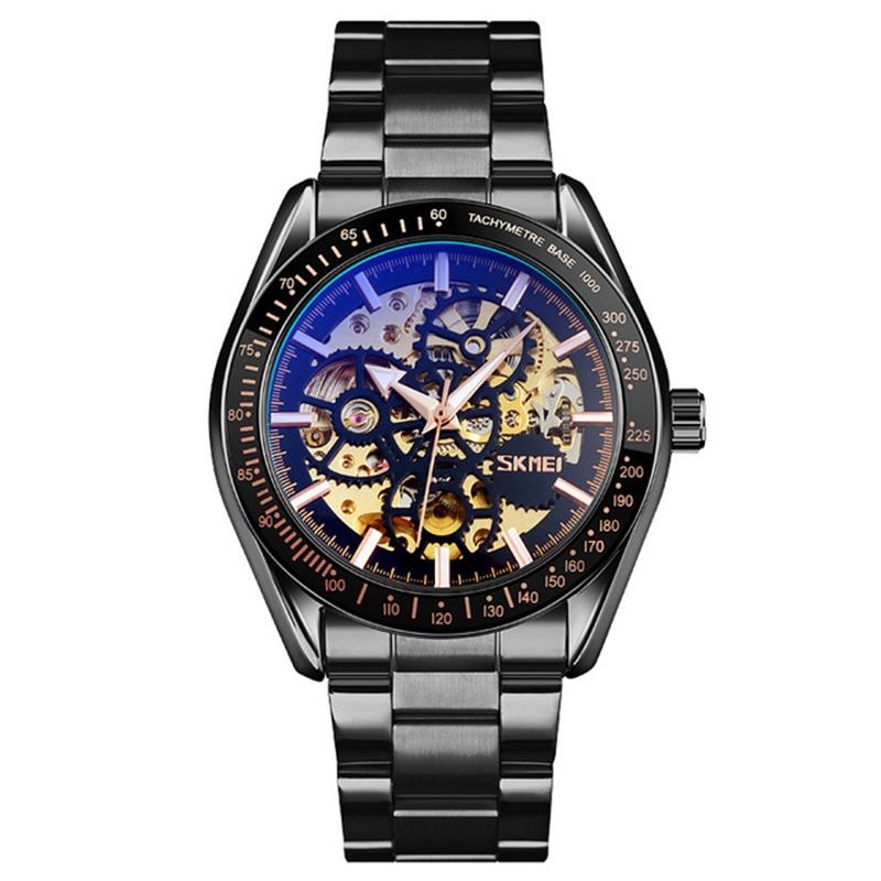 Men Automatic Skeleton Mechanical Watch with Steel Band - Black
