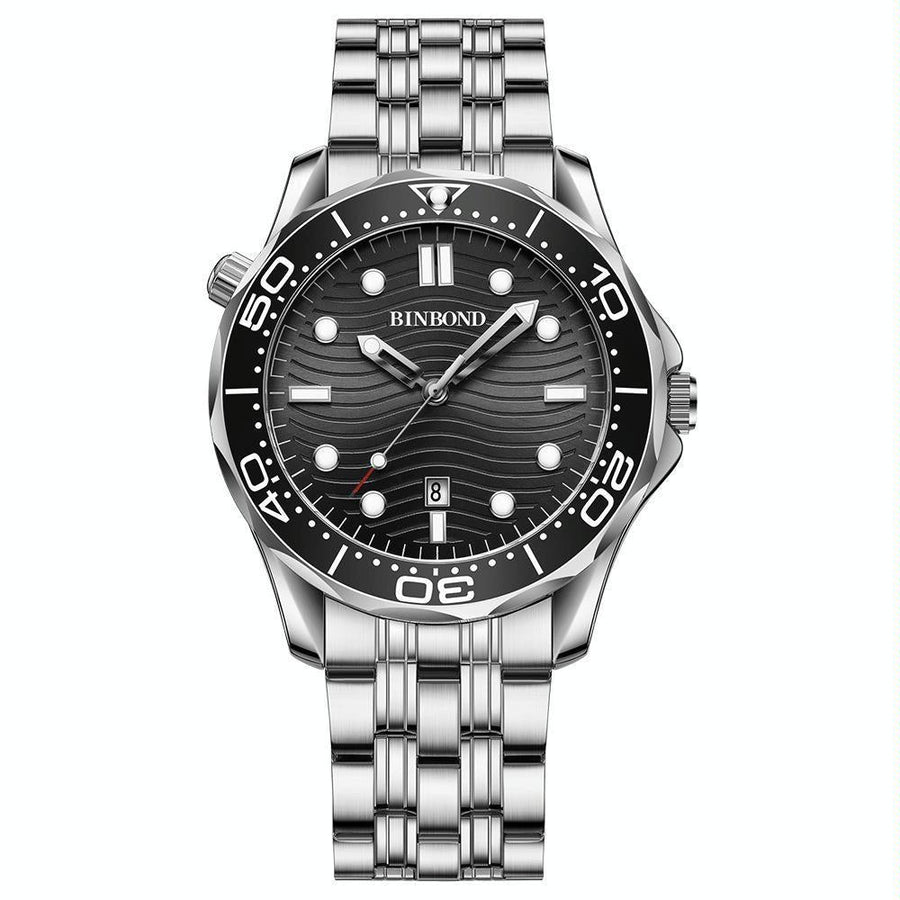 30m Waterproof Men Sports Quartz Watch - White Steel with Luminous Black Surface