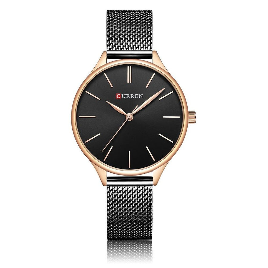 Waterproof Women Quartz Watch with Steel Strap - Casual Design - Rose Shell Black Surface