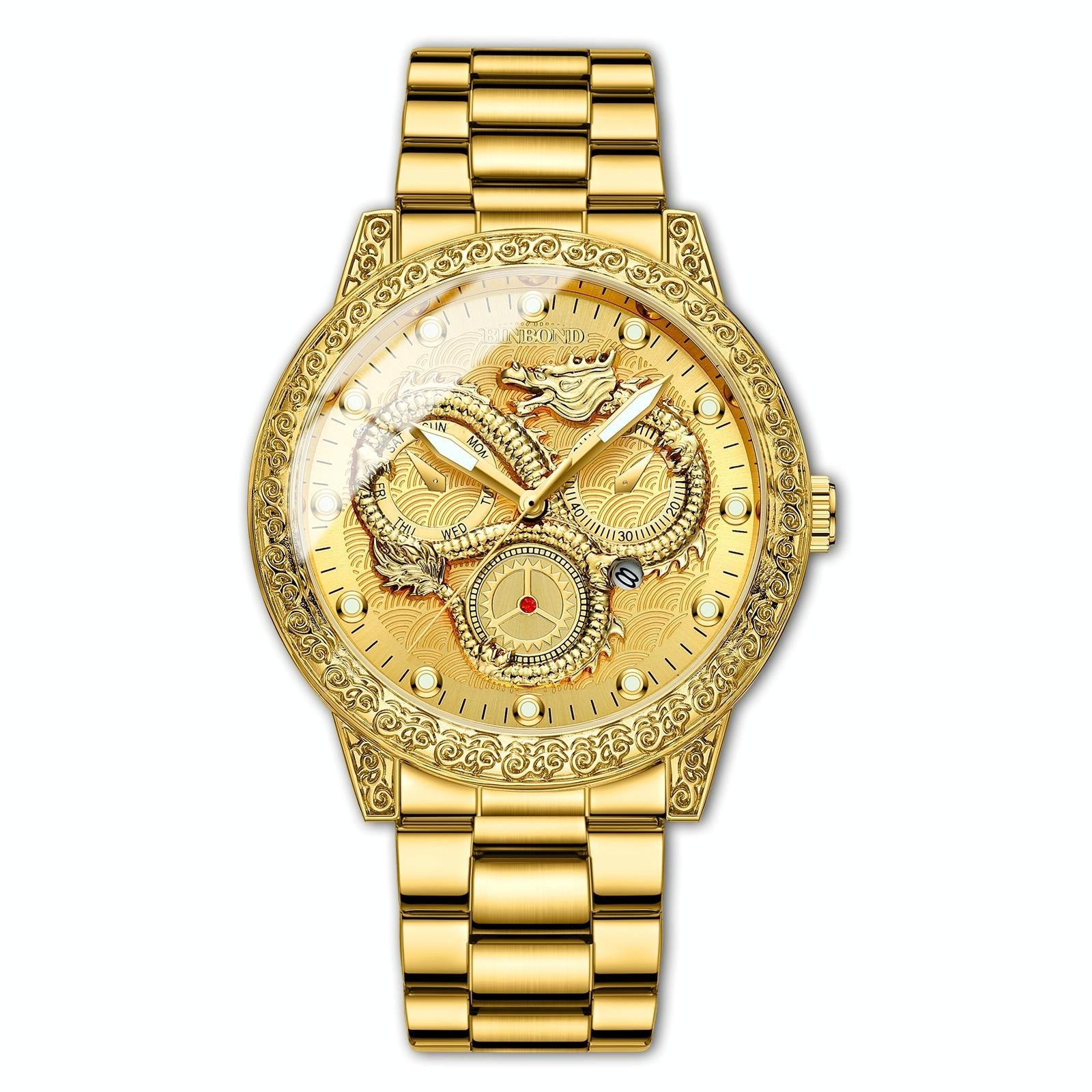 Dragon Embossed Luminous Waterproof Watch - Quartz - Full-Gold Gold