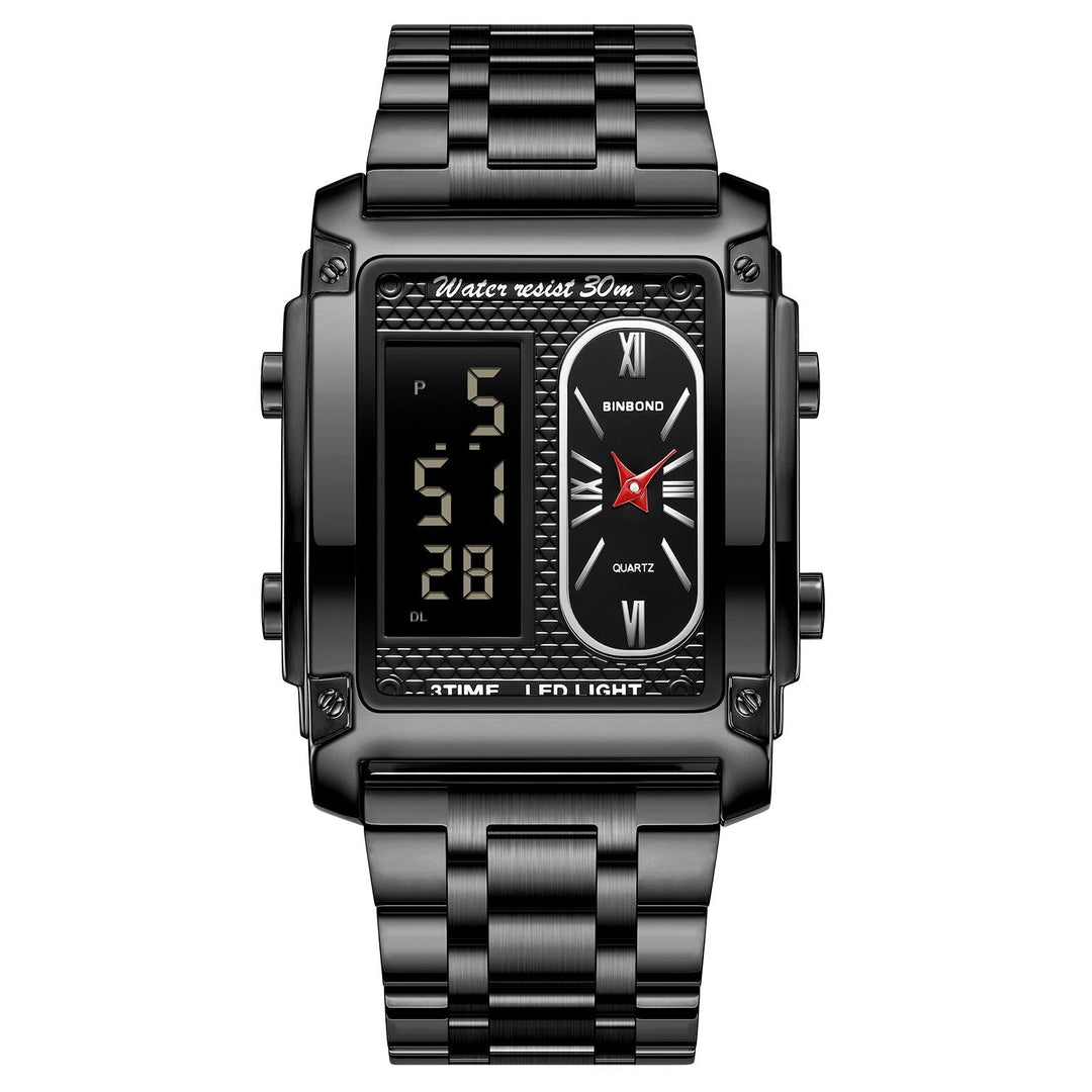 Waterproof Men Led Quartz Watch - Multifunctional Luminous - Black Steel-Black