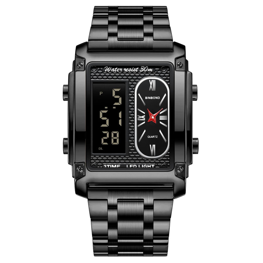 Waterproof Men Led Quartz Watch - Multifunctional Luminous - Black Steel-Black