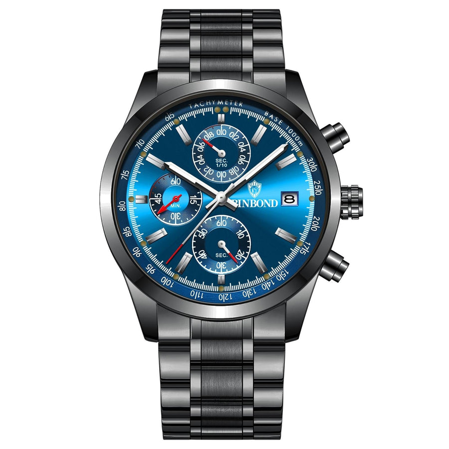 Waterproof Luminous Quartz Watch - Multifunctional 30m - Black Steel-Blue