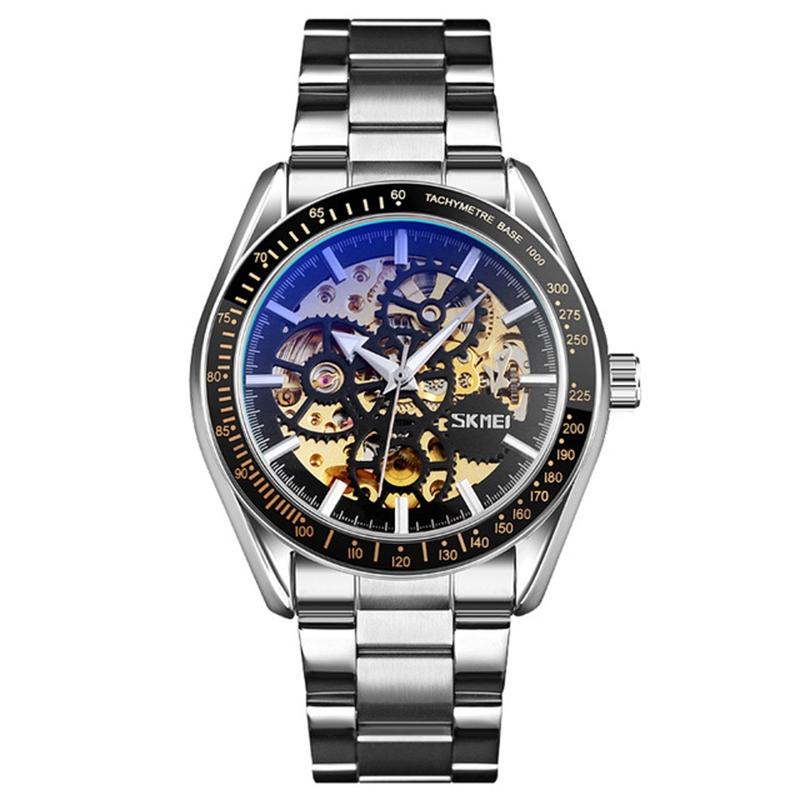 Silver Steel Band Automatic Skeleton Watch for Men