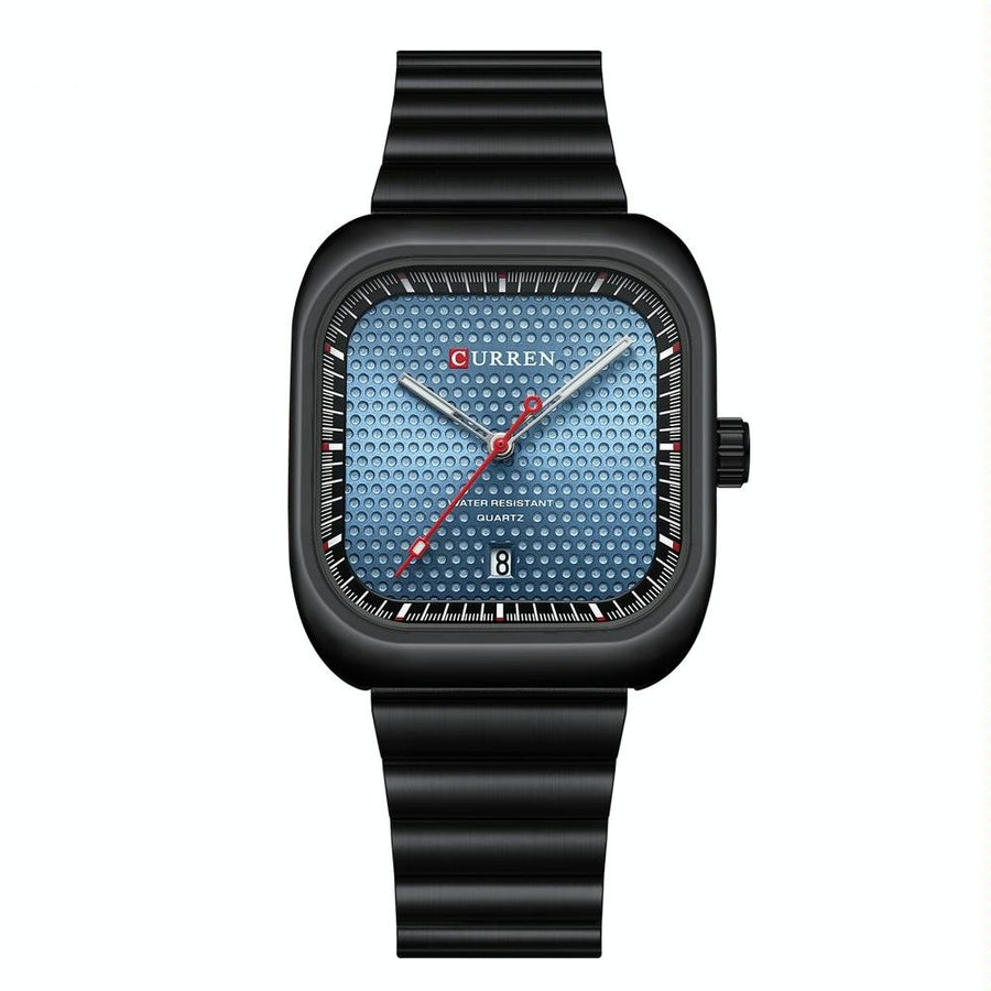 Men Square Steel Strap Quartz Watch - Casual Style - Black Shell Blue
