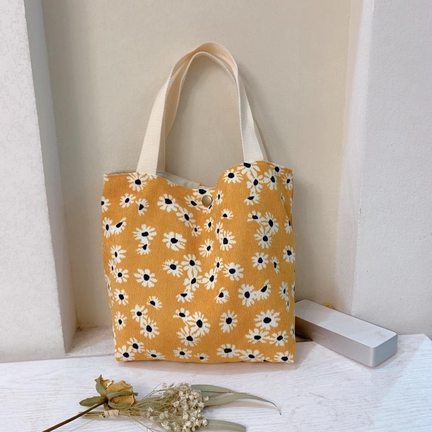 Large Capacity Corduroy Tote Bag with Floral Design - Yellow Daisy