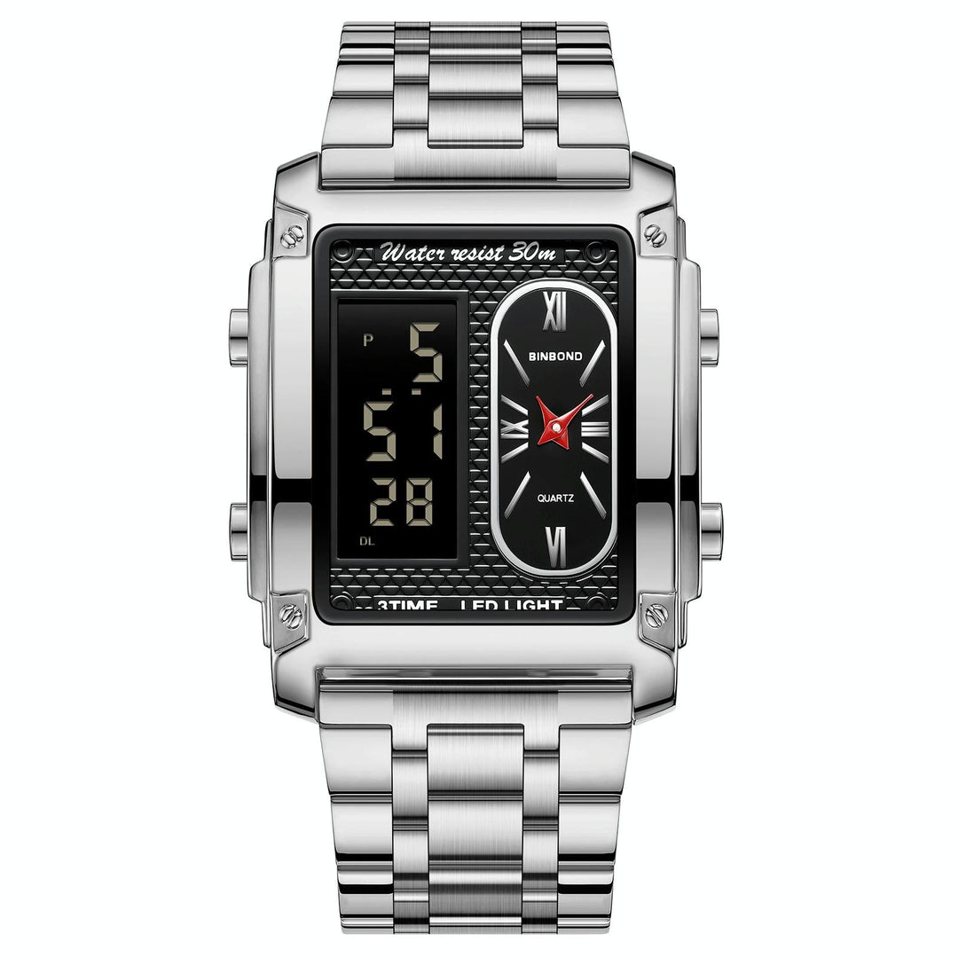 Waterproof Men Led Quartz Watch - Multifunctional Luminous - White Steel-Black