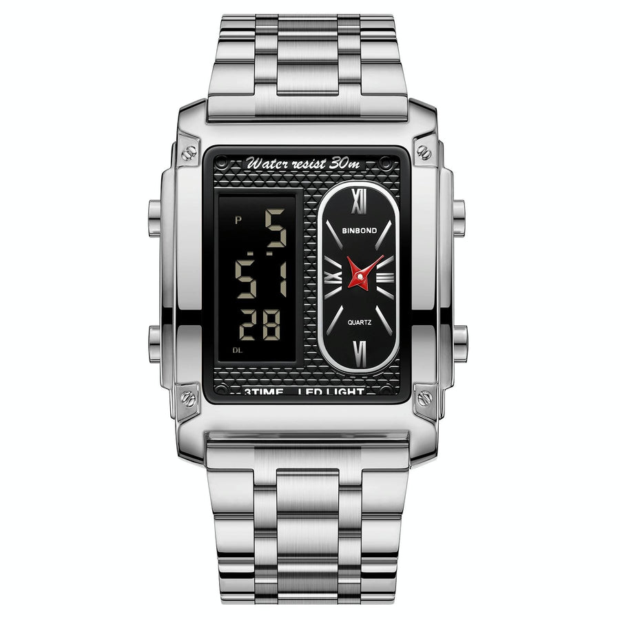 Waterproof Men Led Quartz Watch - Multifunctional Luminous - White Steel-Black