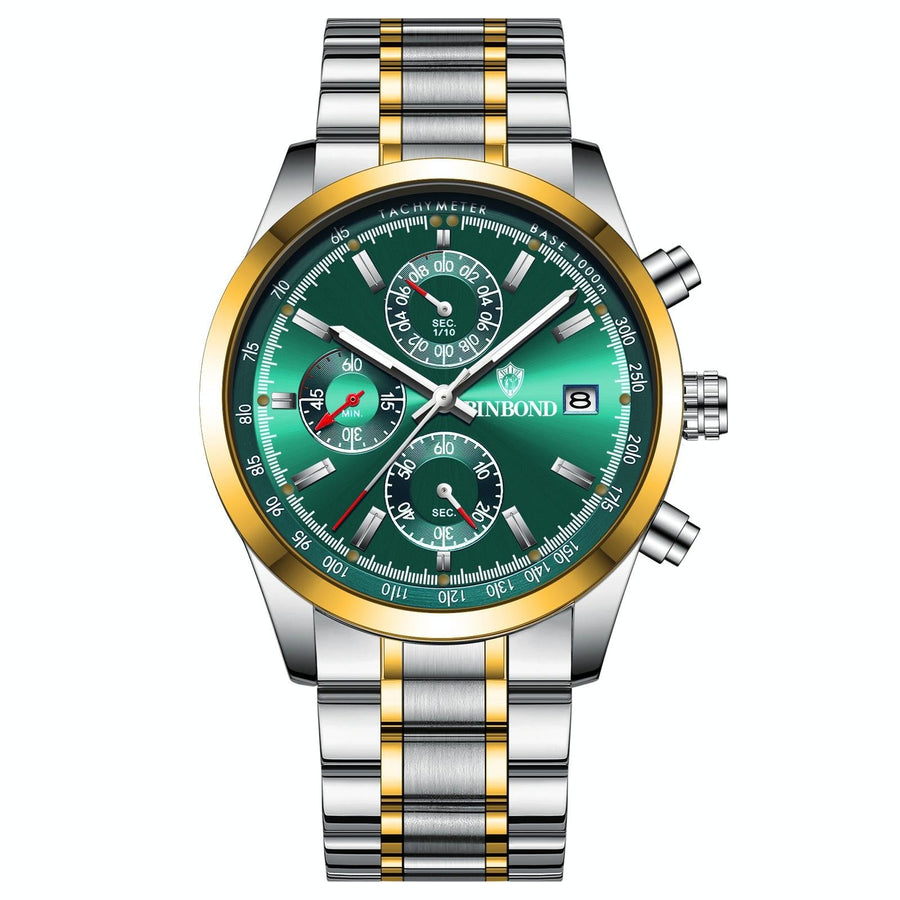 Waterproof Luminous Quartz Watch - Multifunctional 30m - Inter-Gold-Green