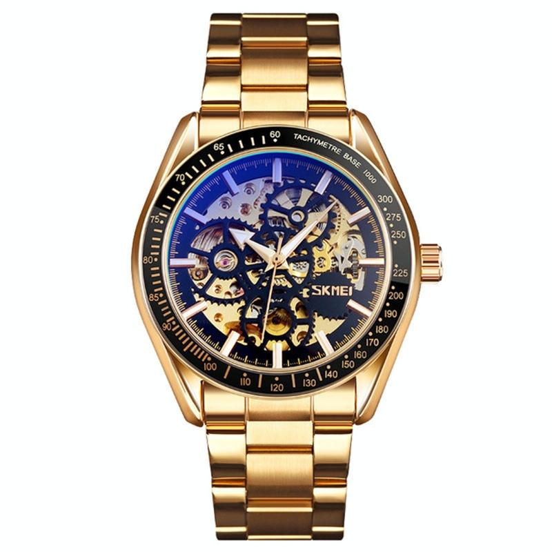 Golden Black Face Men Automatic Skeleton Watch with Steel Band