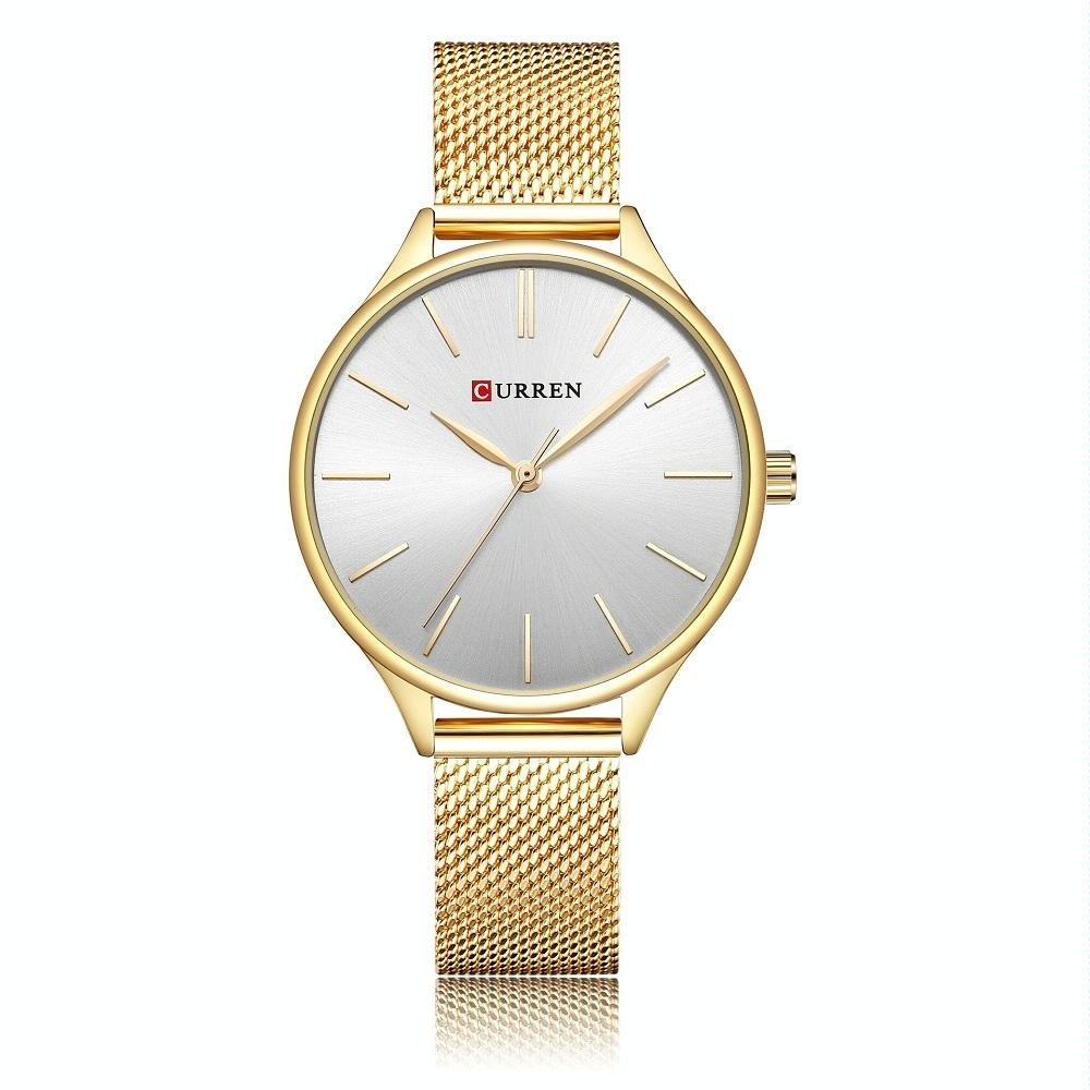 Waterproof Women Quartz Watch with Steel Strap - Casual Design - Gold Shell White Surface