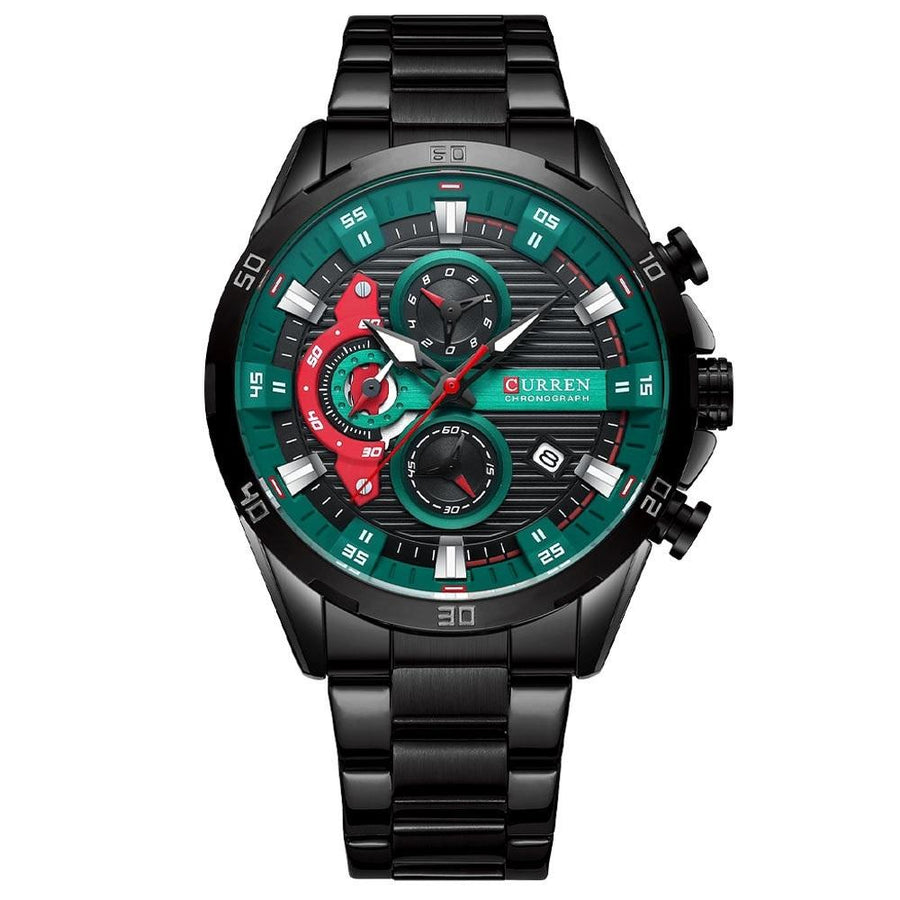 Six-hand Business Quartz Watch with Steel Strap - Calendar - Black Shell Green