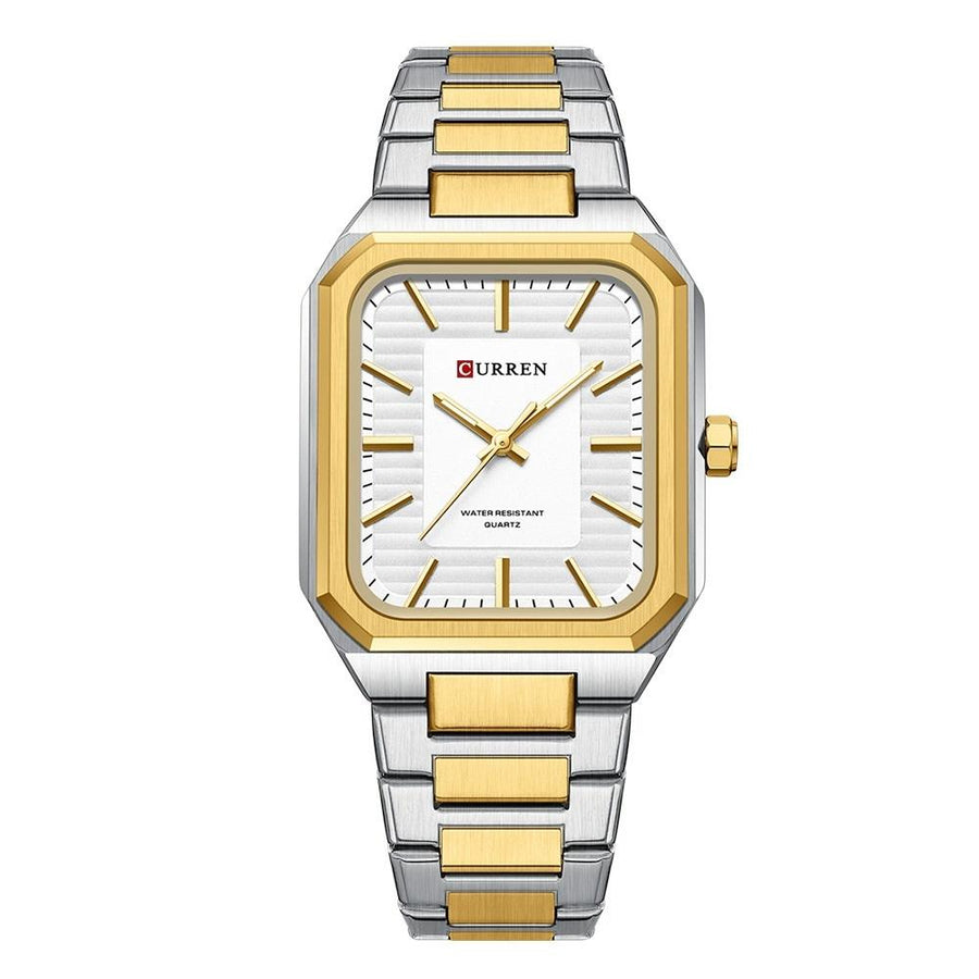 Square Steel Strap Men Quartz Watch - Business Style - Golden White