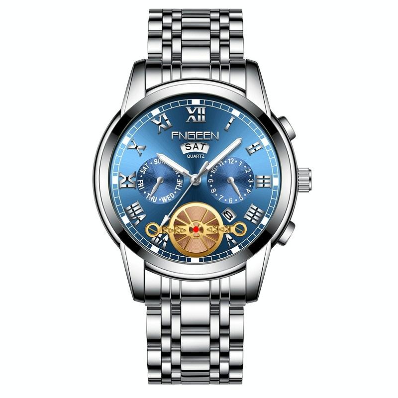 Men Multi-function Quartz Watch with Blue Dial and White Steel Band