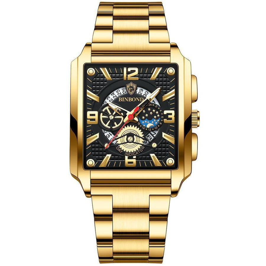 Vintage Square Multifunctional Luminous Quartz Watch for Men - Gold and Black