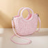 Beige Half Moon Straw Tote Woven Beach Bag - Pink