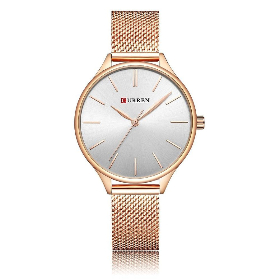 Waterproof Women Quartz Watch with Steel Strap - Casual Design - Rose Shell White Surface