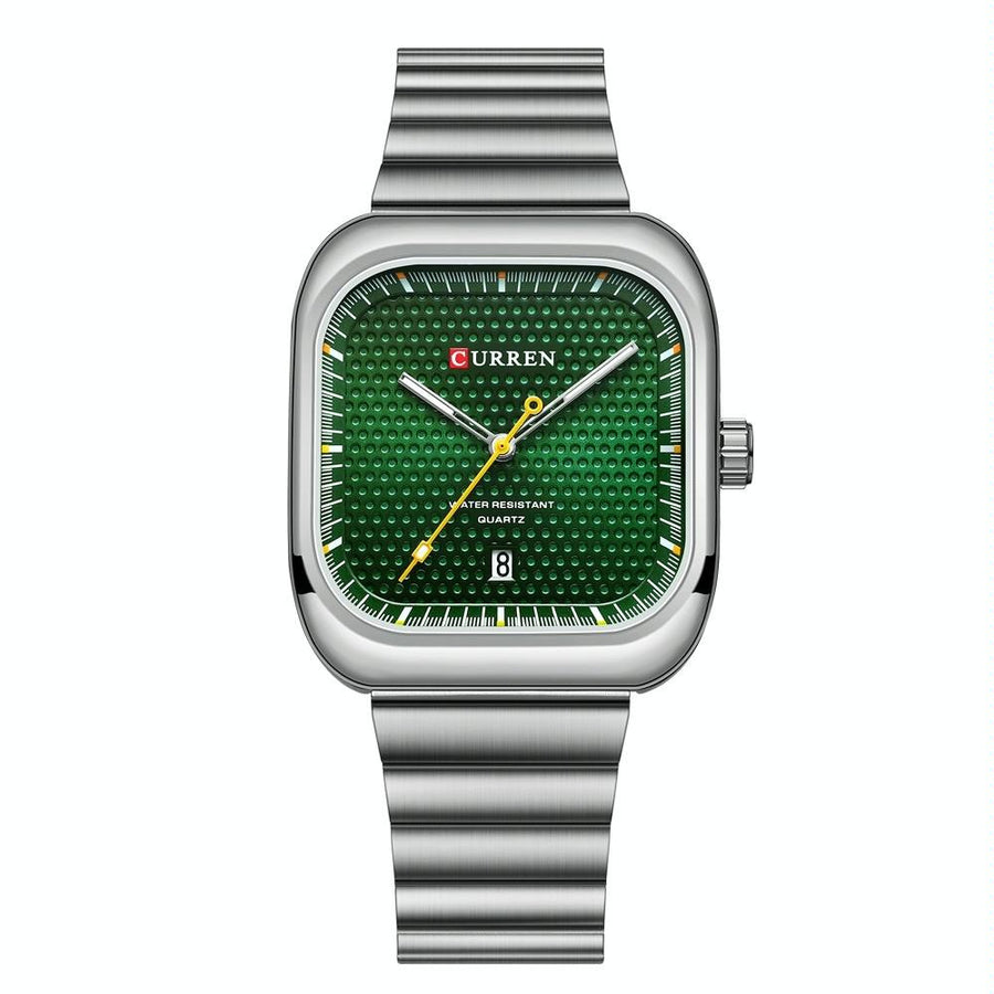 Men Square Steel Strap Quartz Watch - Casual Style - White Shell Green
